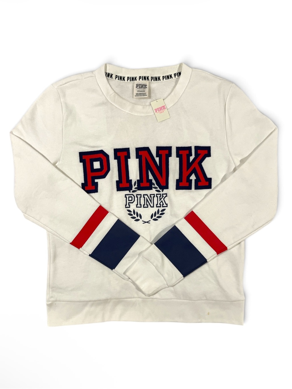 PINK Victoria's Secret White Crewneck Sweatshirt with Red & Navy Logo